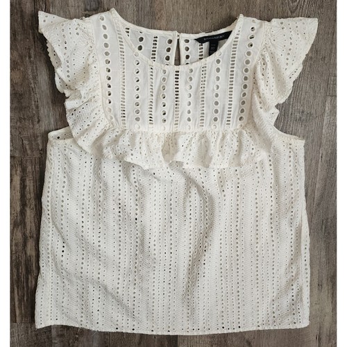 Blusa Banana Republic occhielli donna XXS bianca con volant manica svasata top cotone - Foto 1 di 6