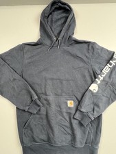 Carhartt Hoodie Sweatshirt Mens Small Gray Loose Logo Sleeve Fleece Pullover