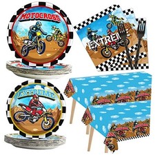98pcs Birthday Party Supplies Disposable Plates Napkins Tablecloths Dirt Bike