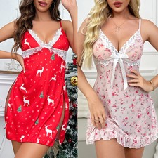 Women Christmas Lace Babydoll Lingerie Teddy Dress Chemise Sleepwear Nightwear