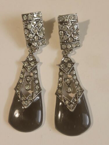 Black Dangle Metal Earrings with Clear Stones