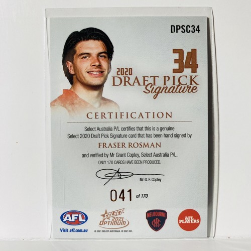 2021 AFL Optimum Draft Pick Signature Copper Fraser Rosman Melbourne 41/170 - Picture 2 of 3