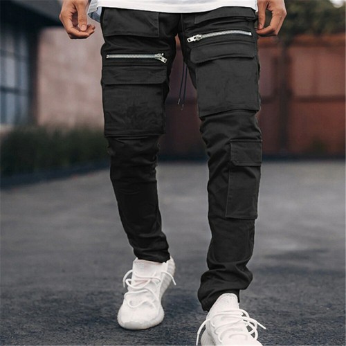 Mens Casual Workout Cargo Pants Joggers Sports Zipper Slim Fit Trousers