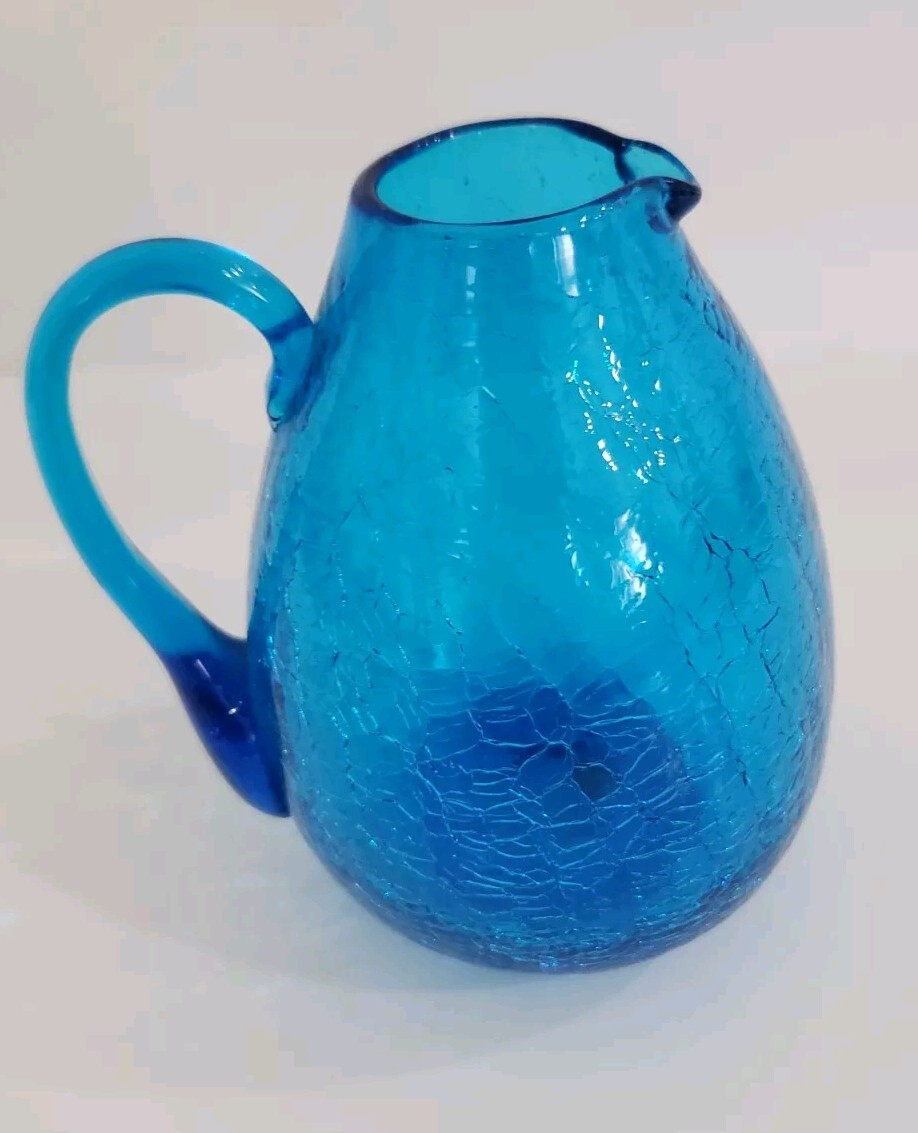 Vintage Blue Crackle Glass Mini Pitcher Bud Vase Applied Handle Approx 3.5”H