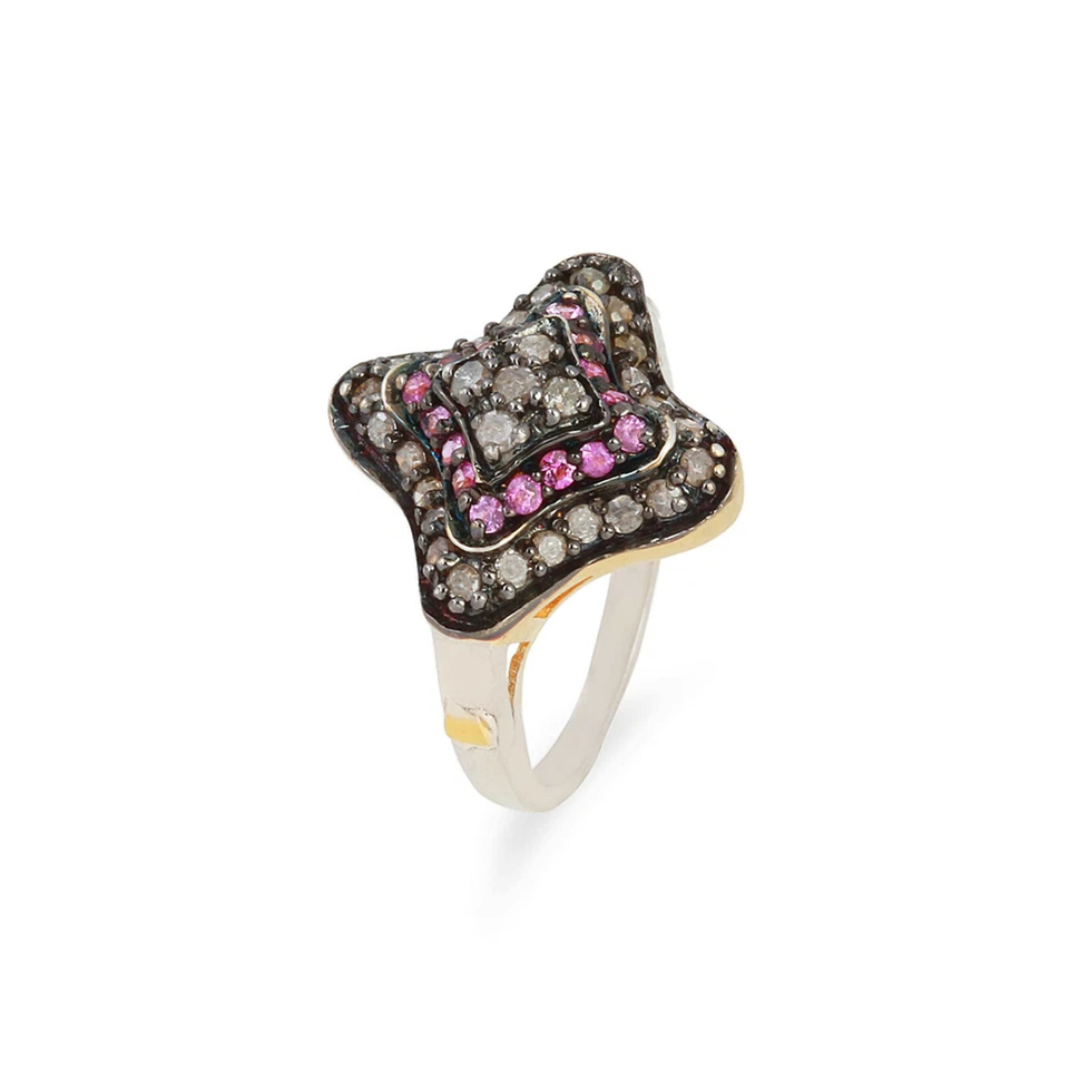 Anillo de piedras preciosas de zafiro rosa 925 plata pavé de diamantes de oro... - Imagen 2 de 4