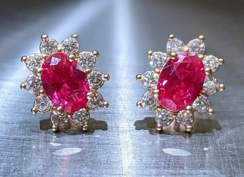 0.60ct Natural Diamond 14K Rose Gold Ruby Wedding Stud Earring For Woman - Picture 3 of 5