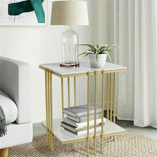 Stylish 18" Marble Side Table Square End Table with Storage Mechanic Golden Legs - Picture 4 of 12