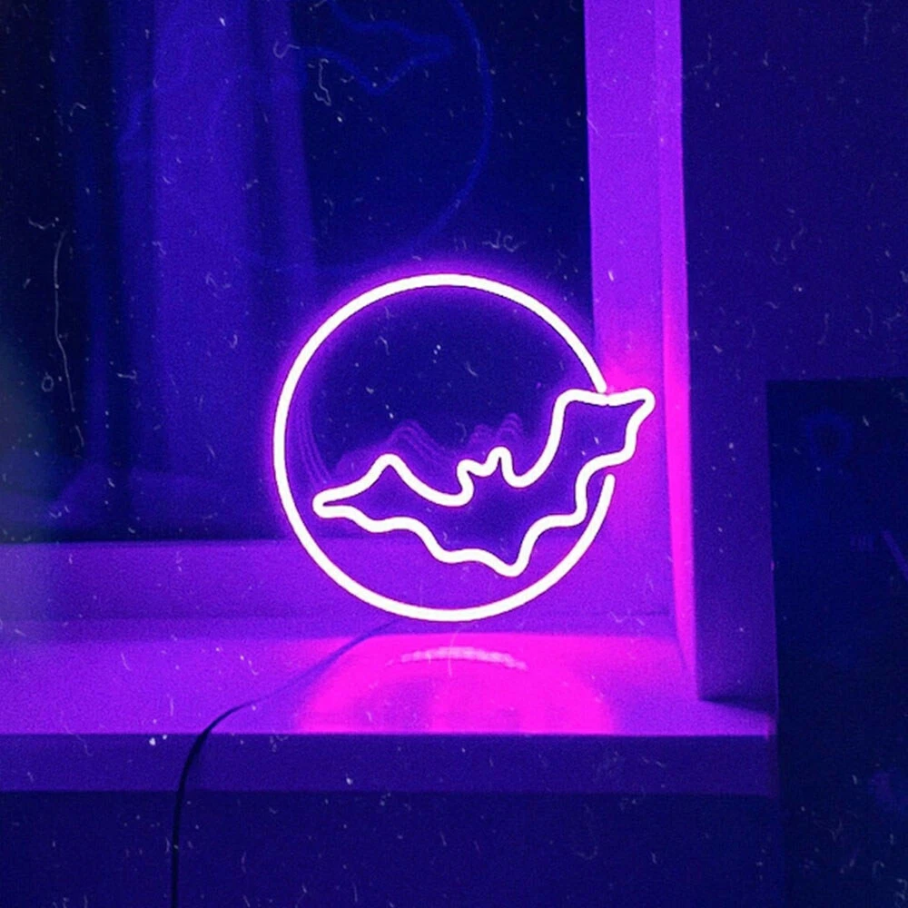 Bat and Moon LED Neon Light Sign, Halloween Wall Art Decor
