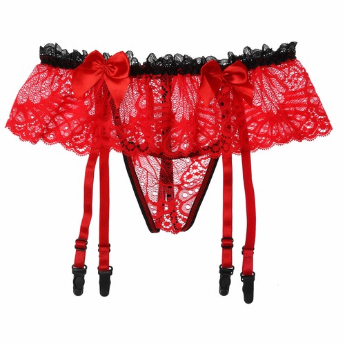 Agoky Sissy Herren Dessous G-string Transparente Spitzen Slip mit Strumpfband - Bild 24 von 37