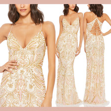 NWT Mac Duggal [ 4 ] 5309 V-Neck Strappy Back Beaded Gown Champagne Pink J1583