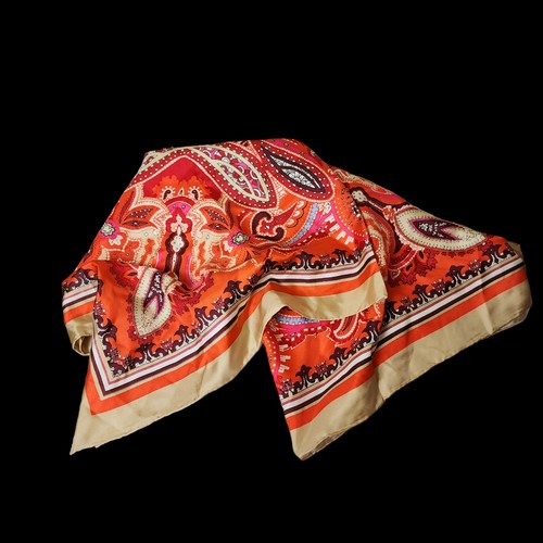 Chico's Silk Scarf 38" Square Paisley Multi Autumnal Orange Retro Mod New - Picture 2 of 13