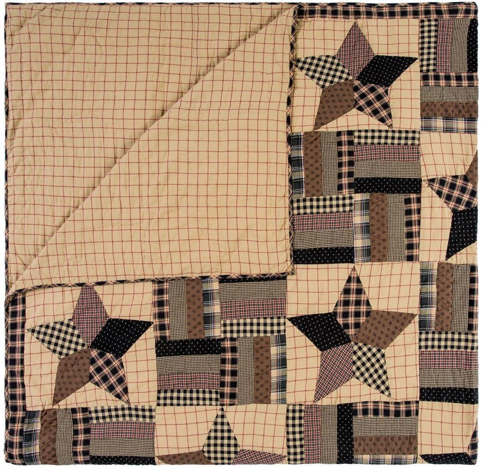 Edredón Queen Country cosido a mano tira negra y tostada bloque retazos estrella de bingham Foto 2 de 4