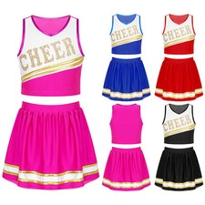 Kid Girl Cheer Leader Costume Sleeveless Cheerleading Crop Top Pleated Skirt Set