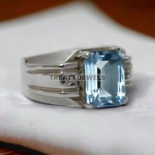 Aquamarine Emerald Cut Gemstone With 925 Sterling Silver Ring For Men's #167