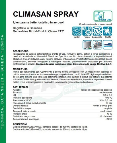 Facot CLIMASAN Igienizzante deodorante antibatterico virus condizionatori 600ml - Foto 2 di 2