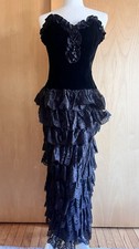 Jessica McClintock VTG Velvet Tiers Lace Maxi Dress Sz 10 Black Strapless Ruffle