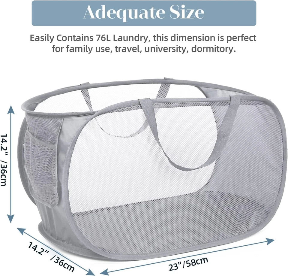 Durable Collapsible Laundry Baskets, Mesh Pop up Laundry Hamper with Side Pocket - Image 3 of 4