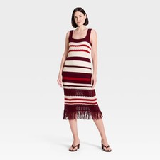 Women Bodycon Midi Fringe Sweater Dress - A New Day Burgundy Striped