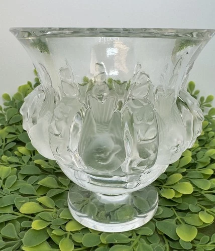 Signed LALIQUE Crystal Paris Dampierre Pedestal 5" Sparrow Song Birds Vase