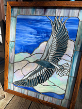 Stained Glass Framed Wood Window Panel Bird Nature Theme Multicolor 20 x 24