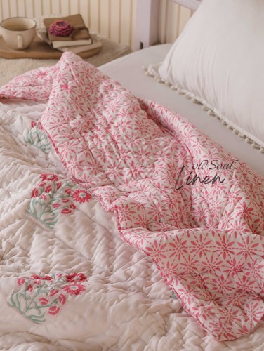 Boho Indian Block Print Quilt Pink Floral Soft Cotton Bedding Reversible Blanket - Picture 5 of 8