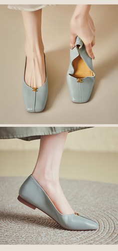 Womens Square Toes Leather Shallow Mouth Fashion Flat Shoes Thick Heels Shoes - Picture 16 of 27