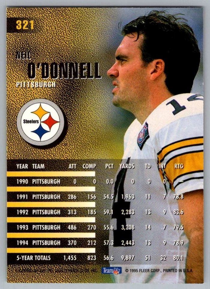 1995 Fleer Neil O'Donnell Pittsburgh Steelers #321 - Image 2 of 2