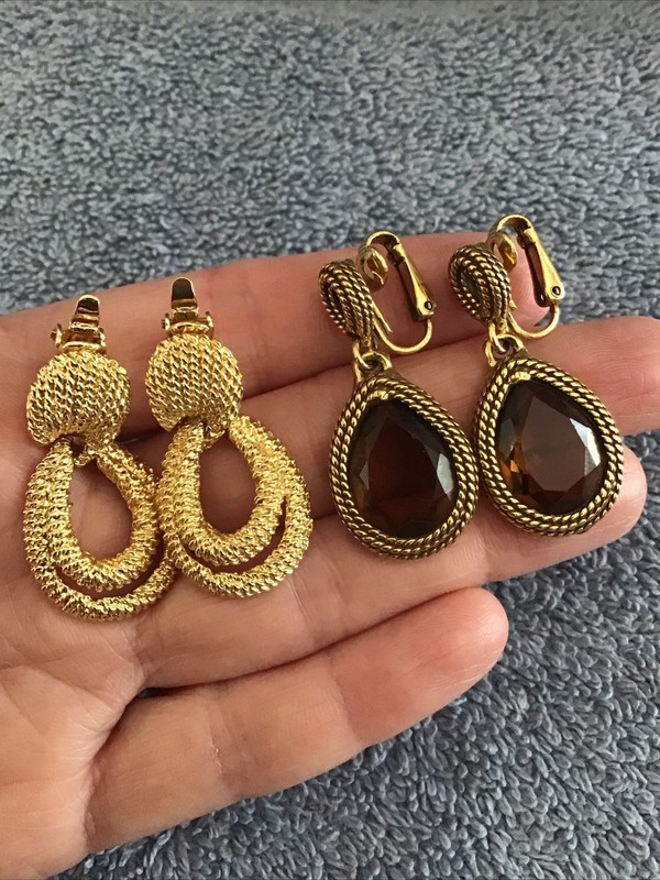 Vtg Trifari Gold Tone Clip Earrings Textured Door Knocker & Citrine Dangle Lot