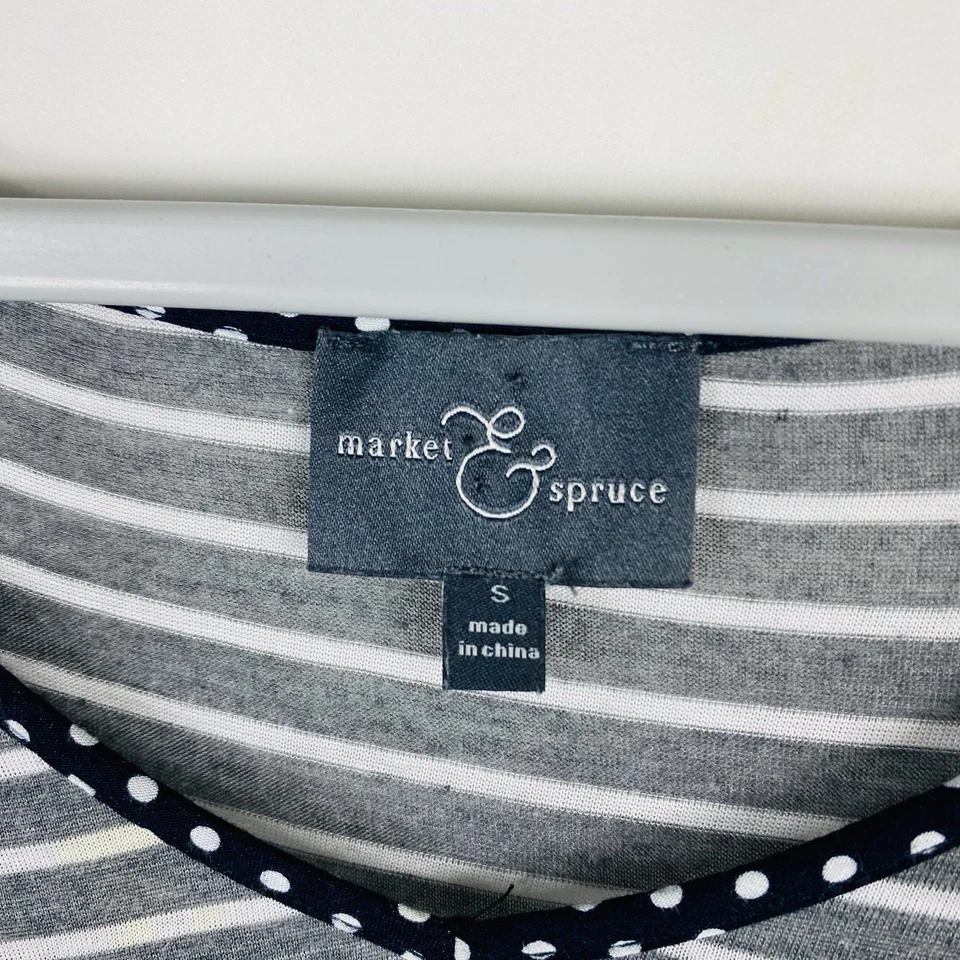 Market & Spruce Size Small Austin Polka Dot Striped Mixed Material T-Shirt Top - Image 3 of 4