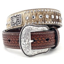 Nocona Brown Tooled Leather Belt Hair-On Cowhide Rhinestone Boho Western Size 28
