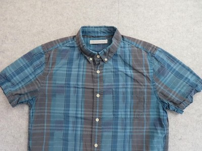 Outerknown Shirt Mens Medium Blue Plaid Short Sleeve Button Front Organic Cotton