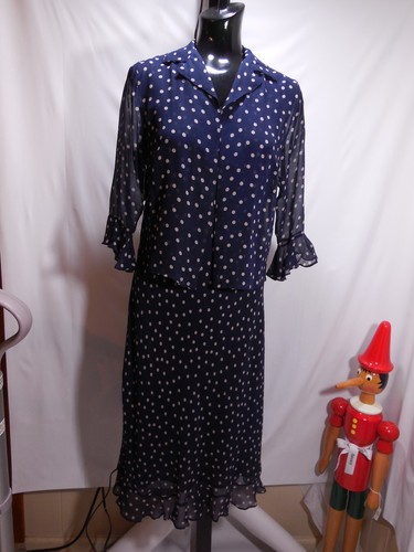MISSES NAVY POLKA DOT 100% SILK 2 PC BIAS CUT DRES