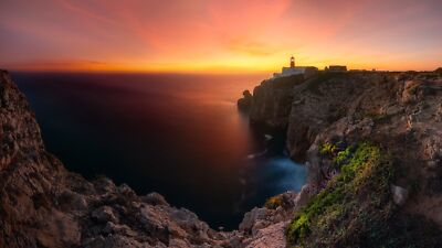 Anime coast nature cliff sea sky sunset lighthouse Play Gaming Mat Desk