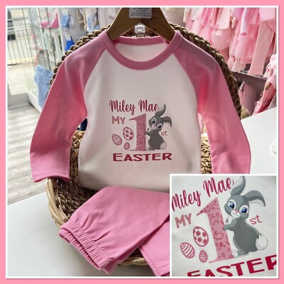 Personalisierter Mädchen 1. Ostern Schlafanzug erstes Osterei Hase Kaninchen 0-10y 2024