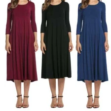 Womens 3/4 Sleeve Shirt Maxi Dress Casual Flared Swing Skater Midi Dress Solid