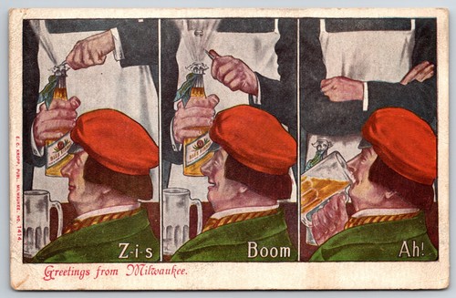 "Greetings from Milwaukee" Funny Blue Ribbon Beer Adv. Postcard c1901-07 Scarce
