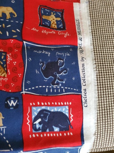 Vntg Sewing Fabric Child's Print Zoo Animals Chelsea Col Rose & Hubble Red Blue - Picture 2 of 2