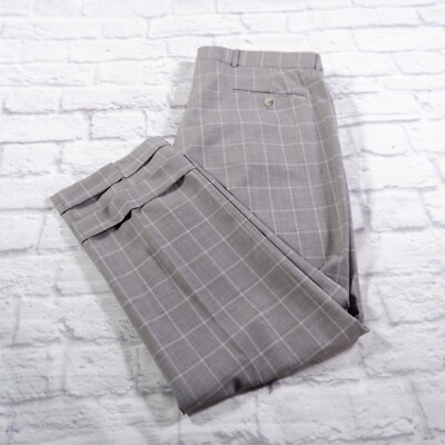 Ballin Super110's Gray Windowpane Check Flat Front Wool Mens Dress Pants 38x27