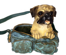 Charming Pug Dog Statue in a Blue Travel Bag Resin Figurine tabletop Planter