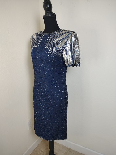 LAURENCE KAZAR NEW YORK Gorgeous Vintage 80's Sequins Beaded Blue Dress SZ MP - Picture 6 of 10