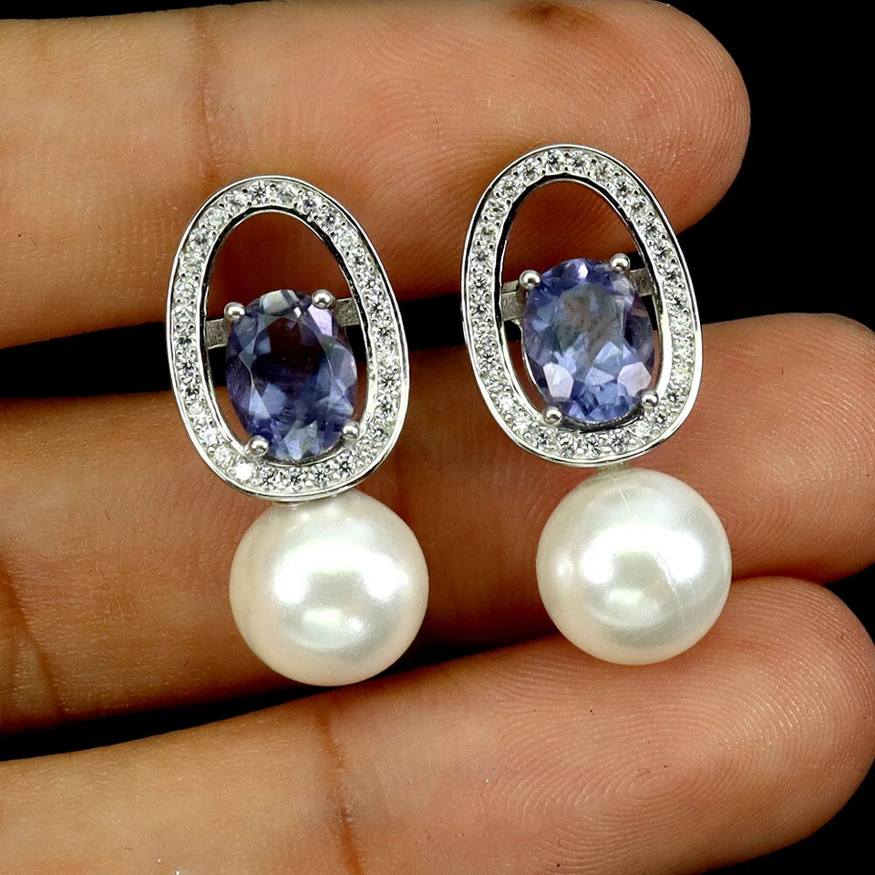 Pendientes de plata de ley 925 ovalados de iolita 8x6 mm fregona joyas de piedras preciosas naturales Foto 2 de 4