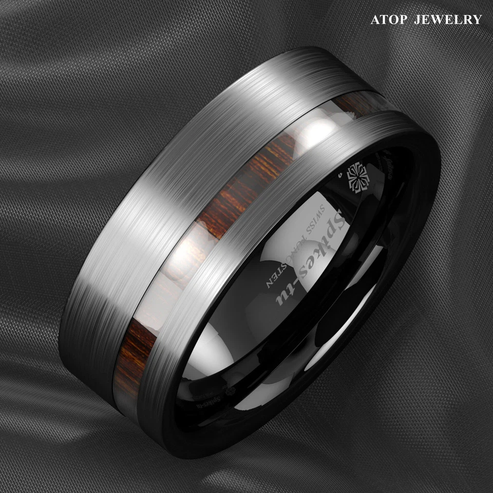 8mm Black Brushed Tungsten Carbide Ring Off Center Koa Wood ATOP Wedding Band - Image 3 of 4