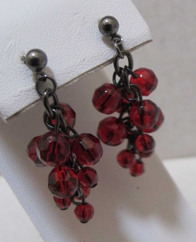 PURSUITS, LTD. Gun Metal Deep Red Faux Crystal Cluster Dangle Post Earrings NOC - Picture 8 of 13