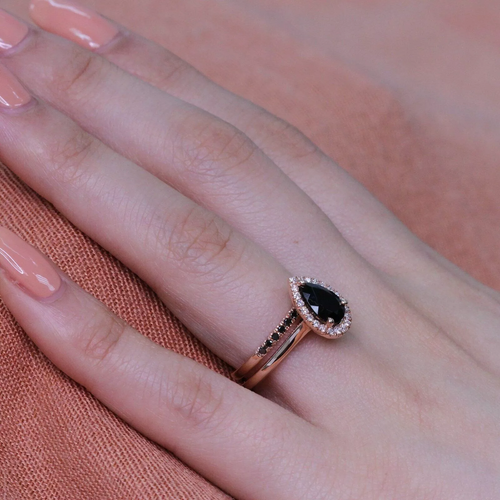 2 Ct Pear Simulated Black Diamond Women's Bridal Ring Set 14K Rose Gold Plated - Picture 7 of 12