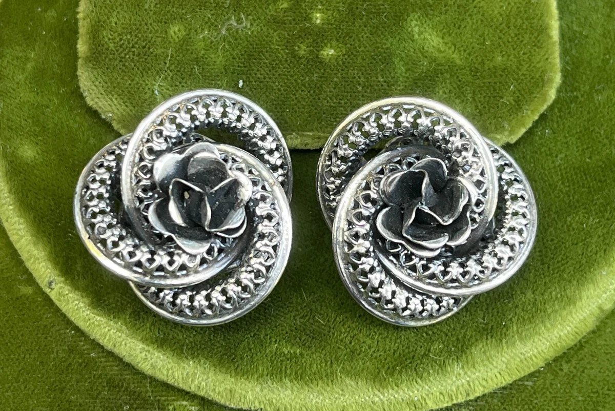 Vintage Danecraft Sterling Silver Clip Earrings Mesh Circles