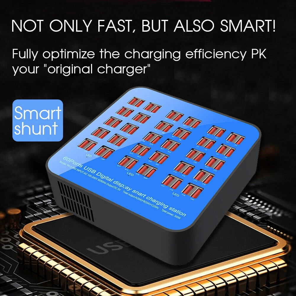60-Port 300W Fast USB Hub Charger for Phones and Devices
