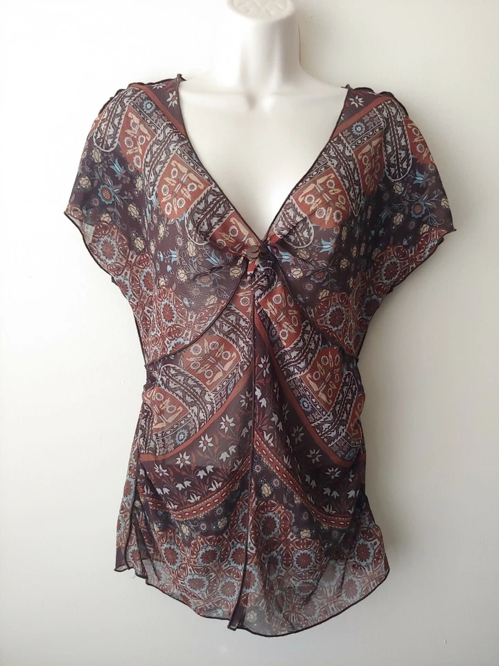 Блузка прозрачная с принтом Nine & Co. By Nine West галстук сзади - размер 12, коричневая - Изображение 2 из 4