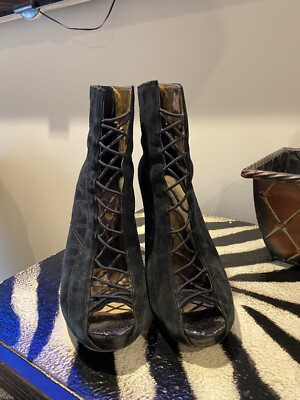 Sam Edelman Queenie Black Suede Embroidered Corset Open Toe Booties Shoes 