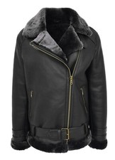 Womens Real Sheepskin Jacket Black X-zip Aviator Belted Double Face Shearling