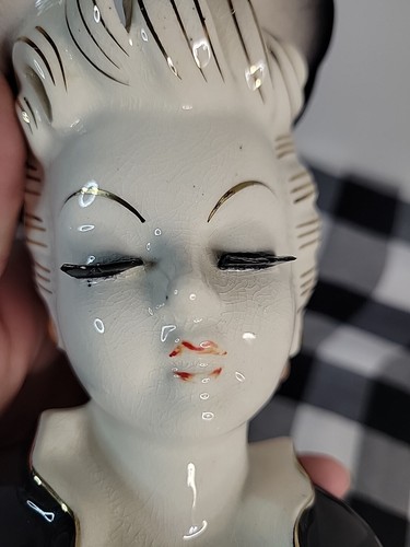 Vintage Atlas Head Vase Closed Eyes Black Dress Woman Pink Rose Hat - Picture 10 of 10